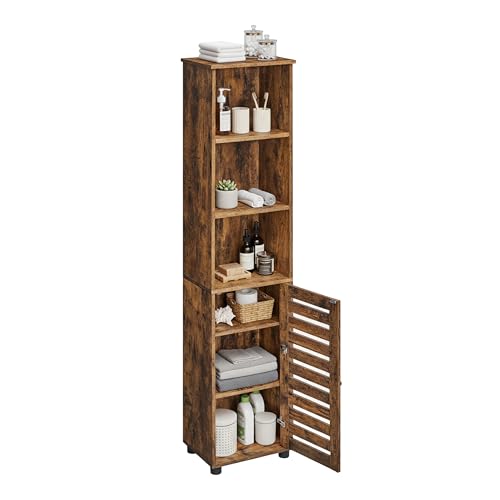 Relaxdays tall bathroom cabinet with door, HWD: 167x30x40 cm, 6 shelves, narrow design, ideal for small bathrooms, brown