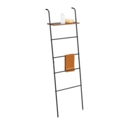 Relaxdays Towel Ladder, 4 Rungs & Shelf, HxWxD: 150 x 45.5 x 20 cm, Bathroom Rack, Steel, Industrial Design, Black/Brown
