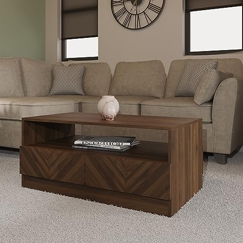 GFW Catania Coffee Table, Royal Walnut Coffee Table with 2 Drawers, Herringbone Wood Grain Finish, Modern Living Room Furniture