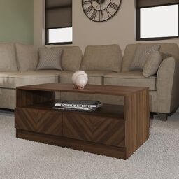 GFW Catania Coffee Table, Royal Walnut Coffee Table with 2 Drawers, Herringbone Wood Grain Finish, Modern Living Room Furniture