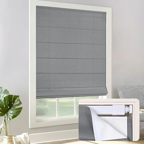 "LazBlinds No Drill Light Filtering Roman Shades, Charcoal, 32"" W x 48"" H - No Tools Easy Install Window Blinds, Thermal Insulated Room Darkening with UV Blocking for Bedroom/Living Room"