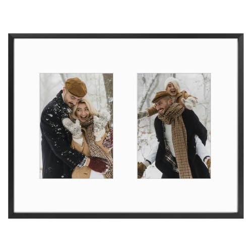 Frametory - 11x14 Aluminum Collage Picture Frame - Display 5x7 Pictures with 2 Openings Mat - Real Glass Front - Horizontal/Vertical Wall Mount - Black 1 Pack