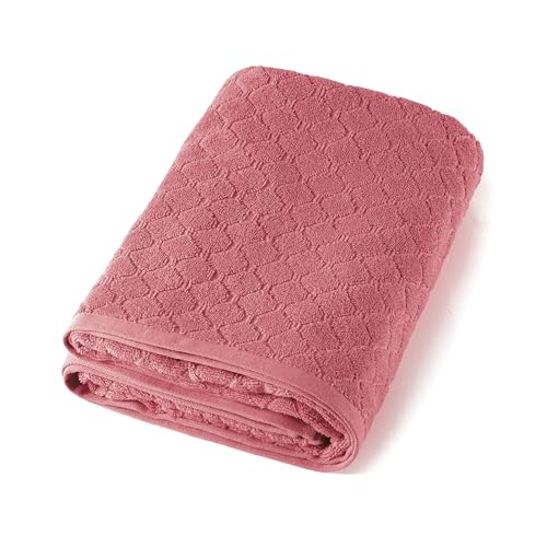 Pure Cotton 1-Piece Jacquard Combed Cotton Bath Towel 570 GSM – Oeko-TEX Certified – Washable at 40°C – Absorbent Bath Towel 90 x 180 cm – Pink Hibiscus