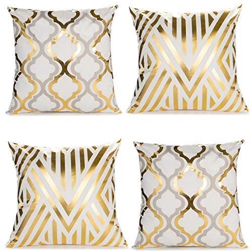 ZLINA Home Decorative Set of 4 Throw Pillow Covers Gold Foil Geometric Pillow Covers 18 ??18 Inch Cushion Covers for Couch Sofa Bedroom(White and Gold)