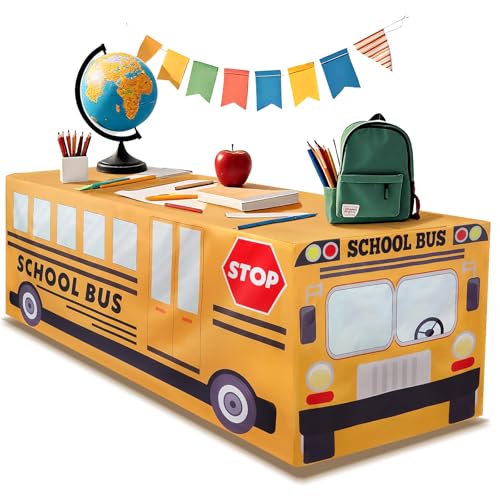 xbaiyanr 4 Ft School Bus Tablecloths School Bus Theme Table Cover for School Kindergarten Back to School Birthday Party Decorations