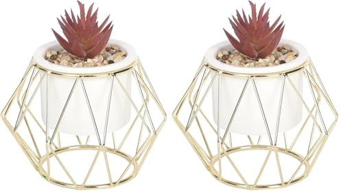 Sleepdown Halo Deep Purple Succulent Artificial Faux Plant Gold Cage Stand for Home Office Bathroom Decor Indoor Decoration Aesthetics (Pack of 2)