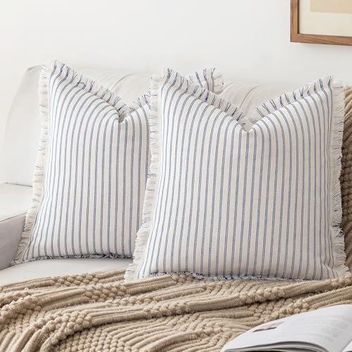 YEENAASY Striped Farmhouse Throw Pillow Covers 18X18 Set of 2 Boho Pillow Cover with Fringe Tassel Chic Cotton Decorative Pillows Modern Neutral Square Cushion Pillowcase for Sofa Couch Bed, Blue