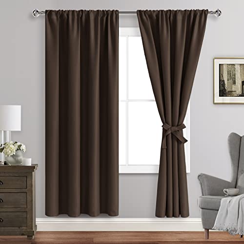 JIUZHEN Blackout Curtains for Bedroom - Curtain Drapes Set of 2 Panels with Tiebacks, Room Darkening Thermal Curtains, 42 x 72 Inches, Light Blocking Curtains for Living Room, Brown
