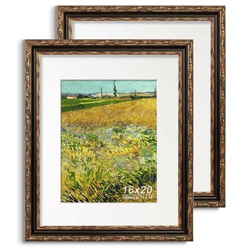 GiftMust 16x20 Picture Frame, Ornate Embossing Frame with Paper Mat and Plexiglass, Fit for 16x20 without Mat or 11x14 with Mat, Wall Mounting Display for Art Prints, Bronze and Antique Gold, 2 Pack