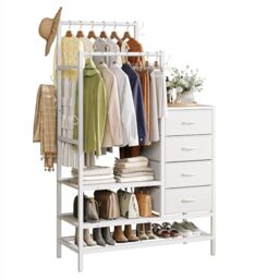 Feonase 3 in 1 Chest of Drawers Bedroom, Including 4 Fabric Drawers, with a 2 Coat Rail and 5 Coat Hooks, The Bottom Three-Layer Storage Design Can Hold Shoes, Bags, Clothes And Other Items, White