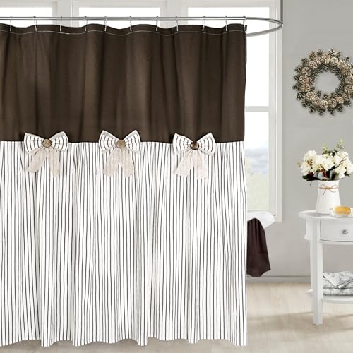 DOSLY ID??ES Farmhouse Brown Shower Curtain,Bowknot,Cotton Woven and Cotton Blend Fabric,Pleated Brown Stripe,Country Style,72x72 in