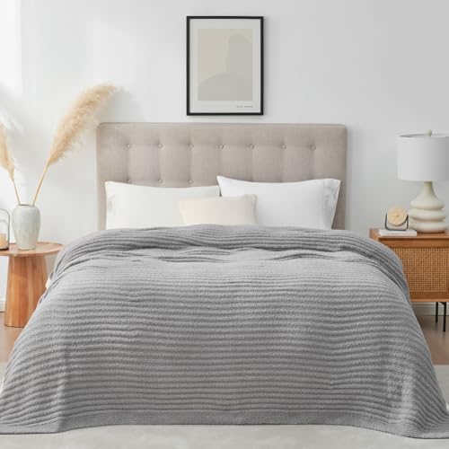 Snuggle Sac Queen Size Blue Blanket for Bed, Soft Luxurious Bedding Blankets, Large Fuzzy Plush Microfiber Blankets, Grey, 90x90 inches