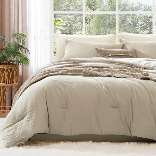 Oversized Queen Comforter Set-3 Pieces Soft Comforter Size Bedding - All Seasons Prewashed Cozy Down Alternative Lightweight Comforter Sets with 2 Pillow Shams, Light Oatmeal