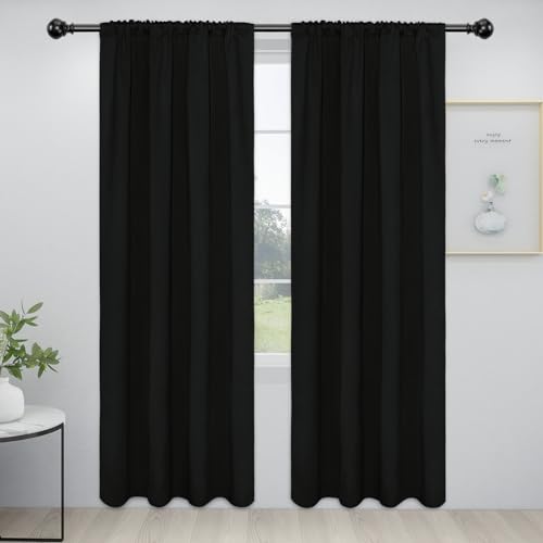 Easy-Going Rod Pocket Blackout Curtains for Bedroom, Room Darkening Window Curtains Window Treatments for Living Room, Thermal Insulated Noise Reduction Solid Window Drapes, 2 Panels(34x84 in, Black)