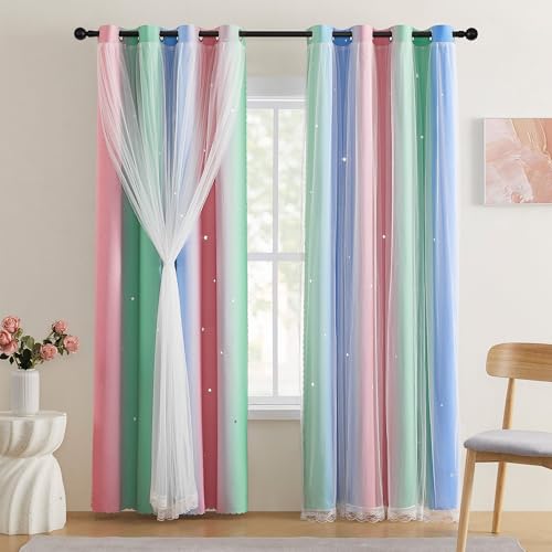XiDi Short Curtains for Girls Bedroom Decor Kids Blackout Curtains for Nursery Room Darkening Rainbow Princess Unicorn Wall Decals Little Girl Pink Green Blue 34x45 Inches Long 2 Panels Set