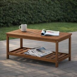 Furinno TIOMAN Patio Table, Outdoor Side Table, Coffee Table with Shelf in Teak Oil, for Patio, Garden, Porch, Light Wood