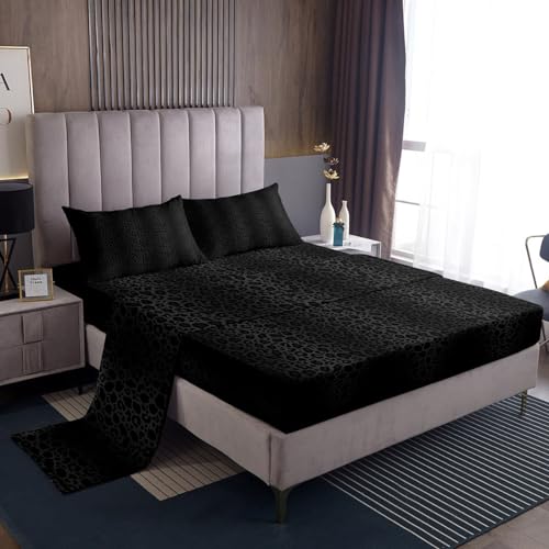 Black Leopard Print Bed Sheet Queen Size,Wild Cheetah Fur Print Bedding Set for Kids Girls Women Men Room Decor,Grey Black Gradient Fitted Sheet Romantic Fashion Top Flat Sheet,2 Pillowcases