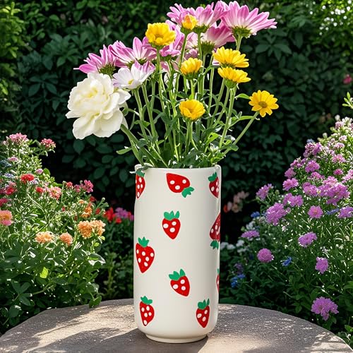 MOUGIGI Strawberry Ceramic Vase-Unique Aesthetic Design for Funky Flower Decor-Perfect Summer Fruit Theme Table Centerpiece for Parties and Special Occasions-Stylish Durable Home Decoration