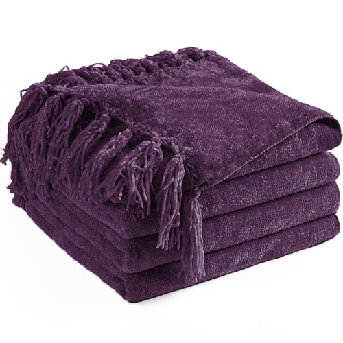 "LONG CREATE Chenille Throw Blanket for Couch 50""X 60"", Soft Cozy Throws with Fringe Tassel for Bed Sofa Chair Cover, Lightweight Knitted Decorative Boho Blankets for Living Room, Dark Purple"