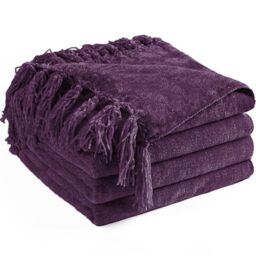 "LONG CREATE Chenille Throw Blanket for Couch 50""X 60"", Soft Cozy Throws with Fringe Tassel for Bed Sofa Chair Cover, Lightweight Knitted Decorative Boho Blankets for Living Room, Dark Purple"