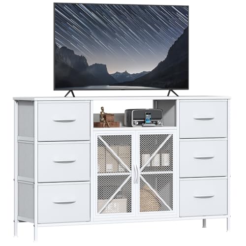 GoaHi Chest of Drawers, 6 Fabric Drawers Storage Unit with Mash Door and Shelf, Fabric Bins and Metal Frame, Storage Drawers for Bedroom, Closet, Hallway, Living Room, White
