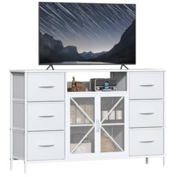 GoaHi Chest of Drawers, 6 Fabric Drawers Storage Unit with Mash Door and Shelf, Fabric Bins and Metal Frame, Storage Drawers for Bedroom, Closet, Hallway, Living Room, White