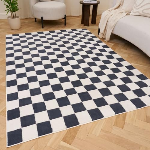 THE RUGS Living Room Rug, Loft Collection – Modern Textured 14mm Soft Pile Area Carpet, Non-Shedding & Easy Care [ Checkerboard Blue, 160x230 cm]