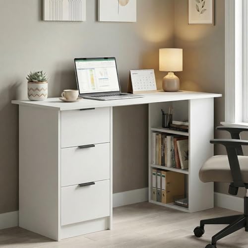 Home Source Phoenix 3 Drawer Computer Desk with Open Shelves, Home Office, 120W x 49D x 72H cm, Grey or White, Particleboard and MDF, Scratch-Resistant