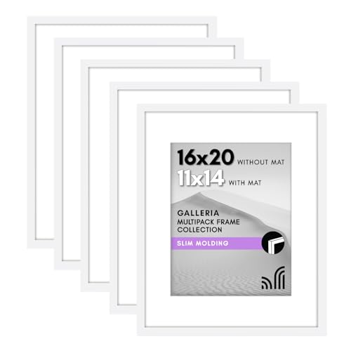 Americanflat 16x20 Picture Frame With Polished Plexiglass - Set of 5 - Use as 11x14 With Mat or 16x20 Without Mat - Galleria Collection - Gallery Wall Set for Wall Display - White