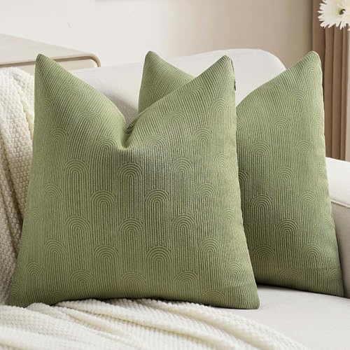 FUTEI Olive Green Chenille Decorative Throw Pillow Covers 26x26 Inch Set of 2,Soft Cozy Striped Geometric Patterns Euro Pillow Sham,Modern Home Decor for Couch Bed Living Room