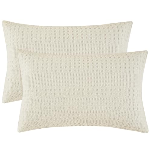 "PHF 100% Cotton Waffle Pillow Shams King Size, 2 Pack 20"" x 36"" Soft Skin-Friendly Pillowcases, No Filling, Aesthetic Woven and Breathable Waffle Weave Pillow Case Covers for Bed, Ivory"