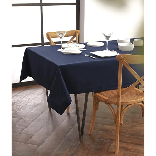 Solino Home Navy Blue Tablecloth 60 x 156 Inch - Dru Cotton Linen Rectangle Tablecloth - Machine Washable Table Cloth for Winter