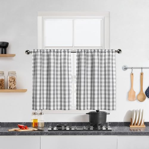 Bapawfish Set of 2 Grey Buffalo Checked Kitchen and Cafe Curtains 45 Inch Length, Short Buffalo Checked Pattern for Bathroom, Half-Length Gingham Pattern Tiered Curtains with Ruffle, 28.4 x