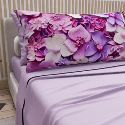 PETTI Artigiani Italiani - Cotton Sheets with Pillowcases in Digital Print, Double Bed Sheet, Floral 23 Lilac, 100% Made in Italy