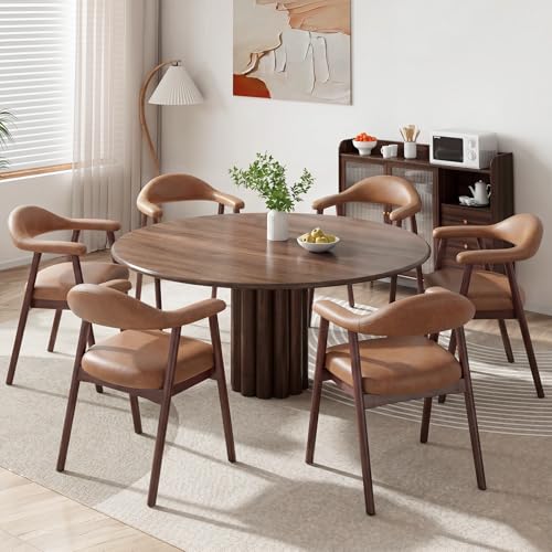 MALOL Wooden Dining Chairs Set of 6, PU Leather Chairs for Dining Room with Armrest, Upholstered Kitchen Chairs with Curved Back and Wood Legs for Dining Room, Kitchen, Living Room, Brown