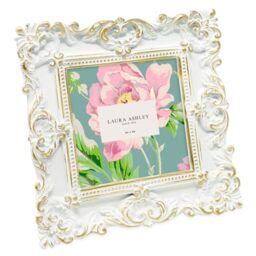 Laura Ashley 4x4 White & Gold Ornate Textured Hand-Crafted Resin Picture Frame w/Easel & Hook for Tabletop & Wall Display, Decorative Floral Design Home Décor, Photo Gallery, Art (4x4, White/Gold)