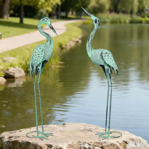 "Large Garden Statues Set of 2, Metal Crane Sculptures, Retro Heron Outdoor - 46"" Realistic Bird Art Decor, Stable Standing Lifelike, Water&Rust-Proof, Heavy Iron Materials, Hand Painted"