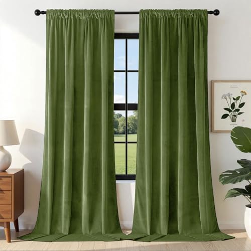 Joydeco Green Velvet Curtains 90 inch 2 Panel, Room Darkening Super Soft Velvet Drapes for Bedroom Living Room Thermal Insulated Window Drapes, Luxury Blackout Rod Pocket Curtains,W52 x L90 inch