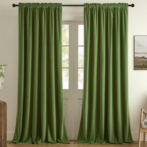 Joydeco Green Velvet Curtains 90 inch 2 Panel, Room Darkening Super Soft Velvet Drapes for Bedroom Living Room Thermal Insulated Window Drapes, Luxury Blackout Rod Pocket Curtains,W52 x L90 inch