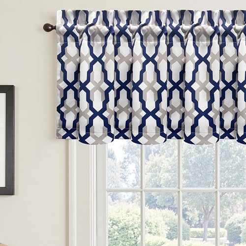 DriftAway Mason Geometric Trellis Pattern Window Curtain Valance Rod Pocket 52 Inch by 18 Inch Plus 2 Inch Header Navy
