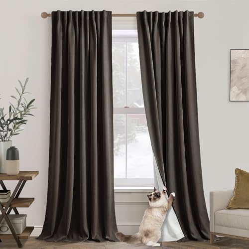 Brown Blackout Curtains 2 Panels,Room Darkening Thermal Dark Academia Primitive Linen Black Out Curtain Drapes 84 Inches Long for Living Room Bedroom,52 Wide by 84 Inch Length,Coffee Chocolate Brown