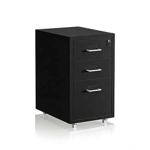 Relaxdays Rolling Filing Cabinet with 3 Drawers, Lockable Steel, 45.5 x 28 x 41 cm, Black