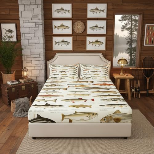 Retro Fish Fitted Sheets Full Size,Fish Wild Animals Bedding Sets 3Pcs,Fishing Hunting Theme Bed Sheet for Kids Boys Adult Men Room Decor,Rustic Farmhouse Style Deep Pocket Sheet,2 Pillowcases