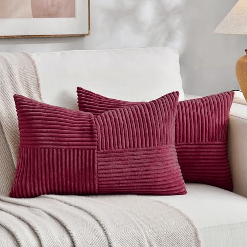 Fancy Homi 2 Packs Burgundy Long Lumbar Decorative Throw Pillow Covers 16x24 Inch for Couch Bed Sofa, Rustic Farmhouse Boho Home Decor, Soft Striped Corduroy Rectangle Accent Cushion Case 40x60 cm