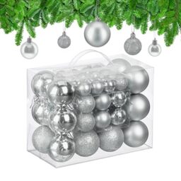 Relaxdays Christmas Baubles, Set of 50, Tree Ornaments, Holiday Decorations, Plastic, Glittery, Matte & Shiny, Silver