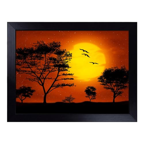 Lap Tray with Bean Bag Cushion, Landscape Trees Forest & Birds Sunset - Handmade in the UK, Raised Wooden Edge, Padded Cushion, Heat-Resistant Wipe-Clean Surface, for Meals, Laptops and Crafts