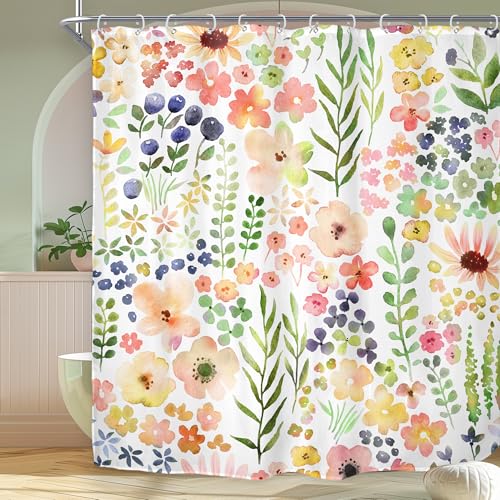 "Green Yellow Floral Cute Colorful Kids Girly Bathroom Shower Curtain Set - 72""W x 72""H Botanical Plants waterproof HD print, quick-dry fabric with 12 hooks for easy hanging."