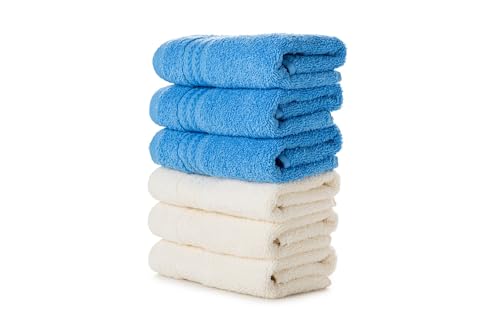 Foutastic Wash Towel Set (6-Piece) 100% Cotton 500gsm 30x50cm - Stylish Colours Blue & Cream - Soft, Absorbent and Durable for Everyday Use
