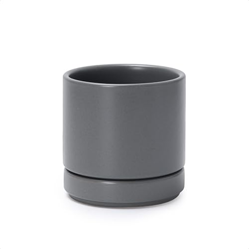 D'vine Dev Ceramic Planter Pot with Drainage Hole and Saucer, Indoor Cylinder Round Planter Pot, 4.3 Inch, Grey, 94-O-XS-3