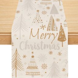 Christmas Table Runner, Silver Gold Merry Christmas Trees Snowflakes Runner Seasonal Winter New Year Holiday Home Party Decor Dining Table Decorations 13x108 Inch